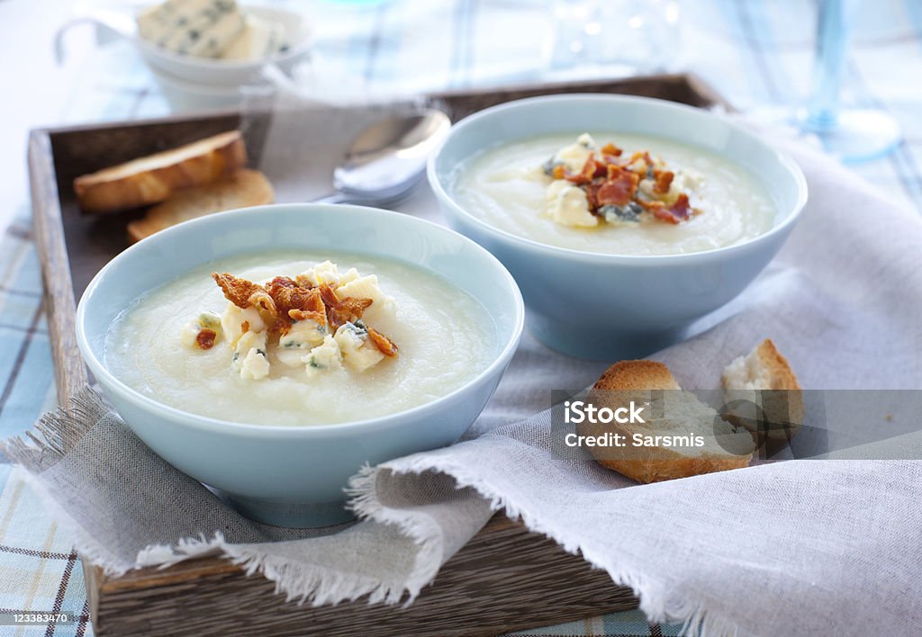 Cauliflower Soup Cauliflower cream soup with bacon and gorgonzola Soup Stock Photo