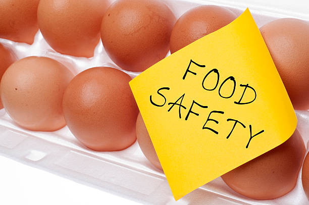 Food Safety Concept Eggs Can Carry Salmonella Food Safety Concept Concept with Brown Egg and Yellow Note. food recall stock pictures, royalty-free photos & images