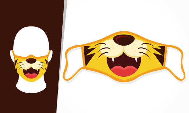 illustrations, cliparts, dessins animés et icônes de illustration vector graphic of cute lion mouth in mask design - big cat fun cute yellow