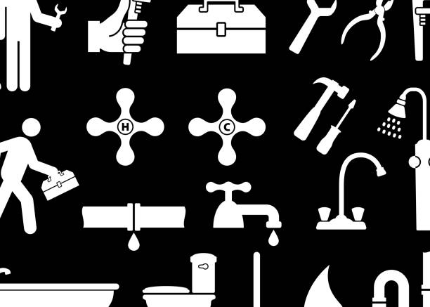 ilustraciones, imágenes clip art, dibujos animados e iconos de stock de fontanero conjunto de iconos vectoriales sin royalties - plumber water pipe leaking water