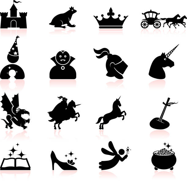 동화 검은색과 인명별 royalty free 벡터 아이콘 세트 - castle dragon magic fairy stock illustrations