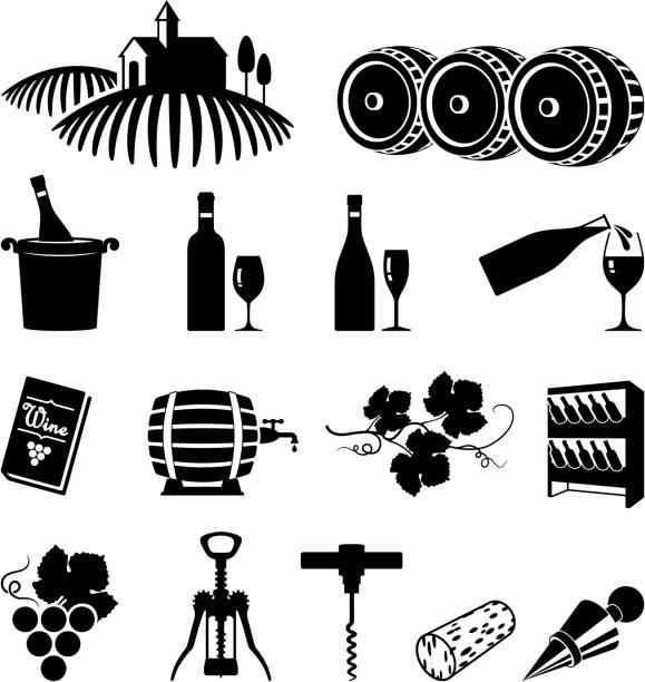 illustrazioni stock, clip art, cartoni animati e icone di tendenza di vigneto vino bianco e nero icona set vettoriale & - wine champagne bottle mulled wine