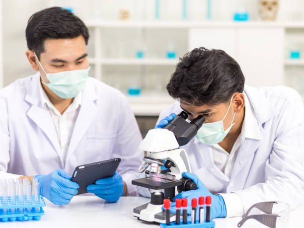 Health care researchers working in biological science laboratories, a researcher uses a microscopic and his assistant using a tablet computer to analyze information of the virus in the laboratory stock photo