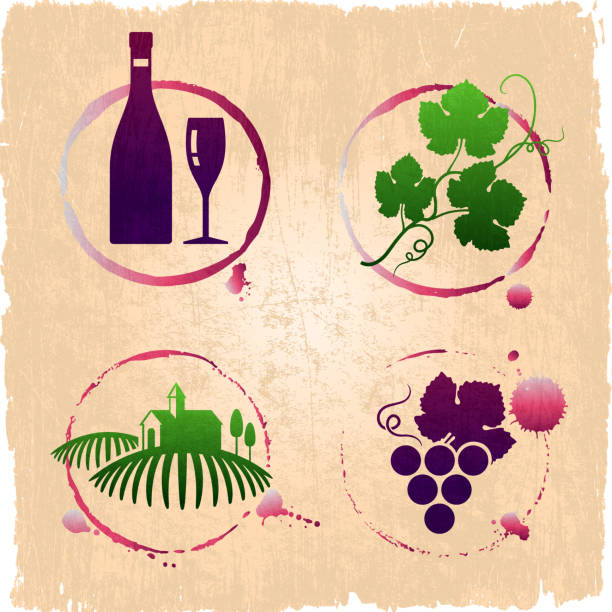 vineyard und wein grunge-set - wine champagne bottle mulled wine stock-grafiken, -clipart, -cartoons und -symbole