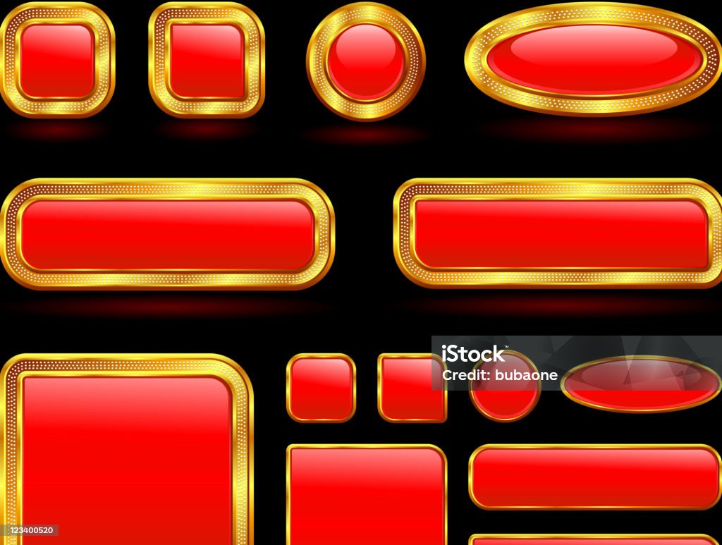Różnych kształt gold bordered czerwone przyciski - Grafika wektorowa royalty-free (Bez ludzi)