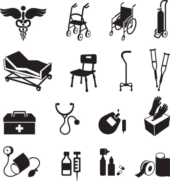 ilustraciones, imágenes clip art, dibujos animados e iconos de stock de aprovisionamiento médico & blanco negro sin royalties de conjunto de iconos vectoriales - gauze bandage adhesive bandage healthcare and medicine