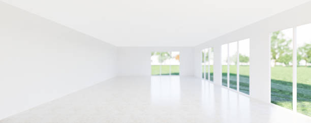 3d rendering of empty room and  marble floor reflection with clear glass door in perspective view,  clean and new condition use to background.