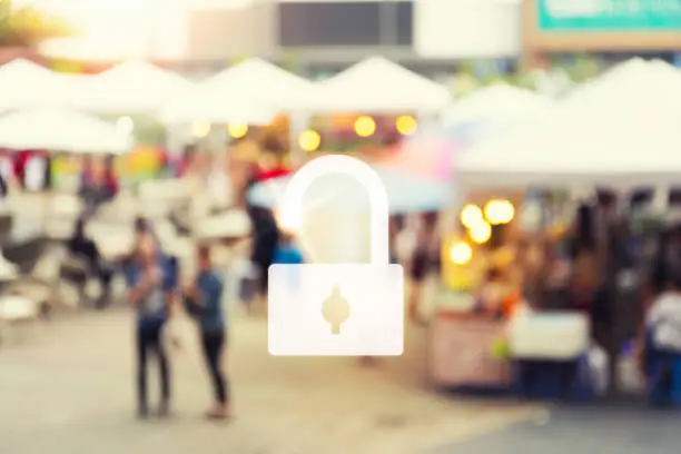 Photo of Unlock of business concept with blurred photo of food exhibition fair with many people at twilight time.
