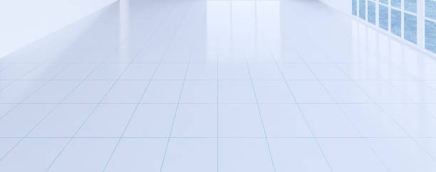 istock 3d rendering of white tile floor with grid line and shiny reflection with clear glass door in perspective view, clean and new condition use to background. 1234033421