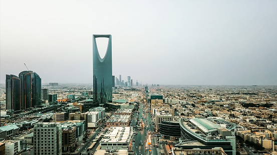 Riyadh, Saudi Arabia Aerial view of Riyadh downtown with landscape view for olaya district and king fahad street