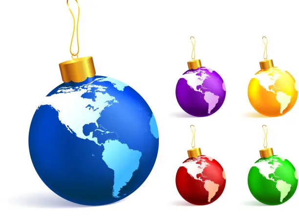 Vector illustration of Christmas ornaments with world map