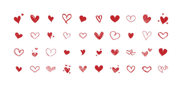 vektor-set von verschiedenen roten herzen. sammlung von handgezeichneten herzen. design auf weißem hintergrund. - heart stock-grafiken, -clipart, -cartoons und -symbole
