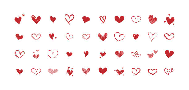Vector set of different red hearts. Collection of hand-drawn hearts. Design on white background. Vector set of different red hearts. Collection of hand-drawn hearts. Design on white background. hearts playing card illustrations stock illustrations