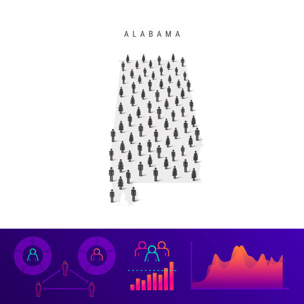 Alabama people map. Detailed vector silhouette. Mixed crowd of men and women. Population infographic elements Alabama people map. Detailed vector silhouette. Mixed crowd of men and women icons. Population infographic elements. Vector illustration isolated on white. alabama map stock illustrations