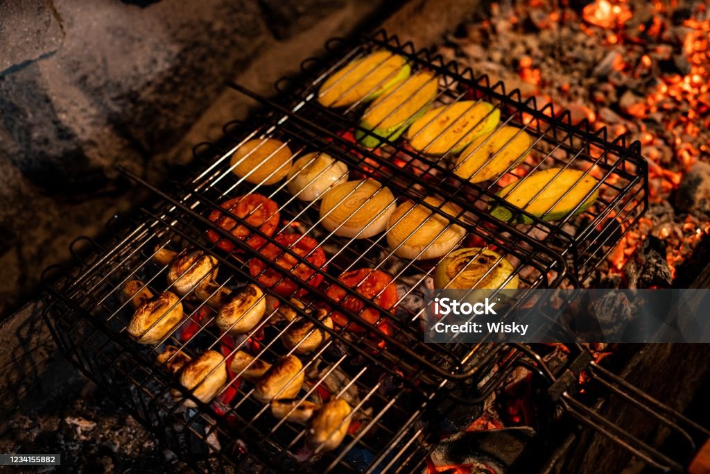 Vegetables being prepaired open air view Vegetables being prepaired open air close up view Barbecue Grill Stock Photo
