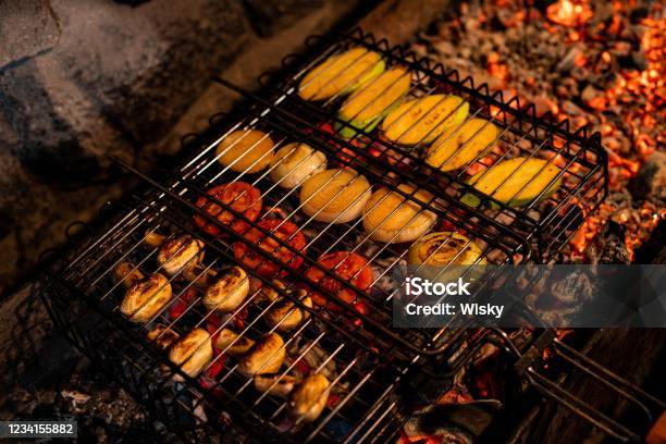 Vegetables Being Prepaired Open Air View Stock Photo - Download Image Now - Barbecue Grill, Brightly Lit, Cooking