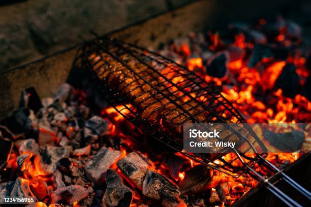Shashlik Being Prepaired Open Air Shot Stock Photo - Download Image Now - Barbecue Grill, Brightly Lit, Cooking