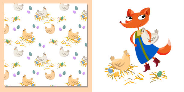 ein tierfuchs mit einem nahtlosen set-muster. süße fuchs baby druck und muster-kit - chicken baby chicken animal egg animal stock-grafiken, -clipart, -cartoons und -symbole