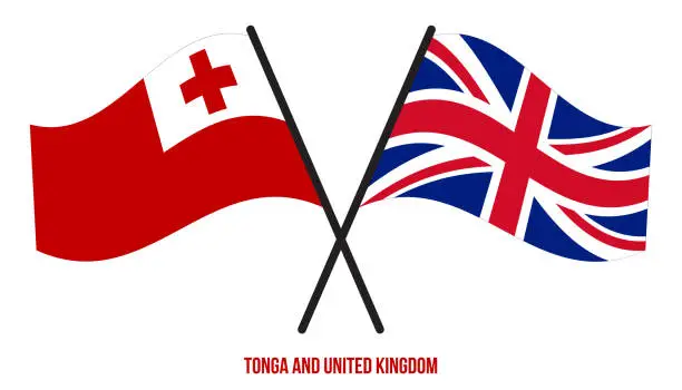 Vector illustration of Tonga and United Kingdom Flags Crossed And Waving Flat Style. Official Proportion. Correct Colors