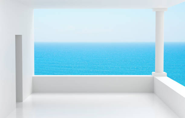 istock Empty open terrace with a view to the sea. 3D illustration 1234185658