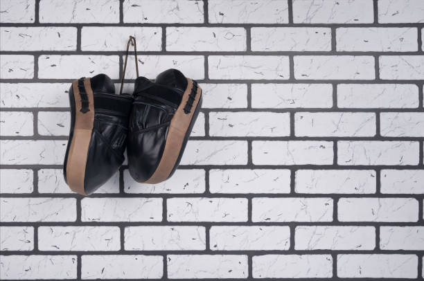 istock paws for Boxing, hanging on a hook , against a white brick wall, there is a place for the inscription 1234206270