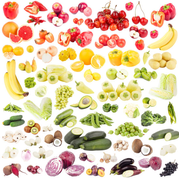 istock Rainbow made from different raw fruits and vegetables, isolated on white 1234262485