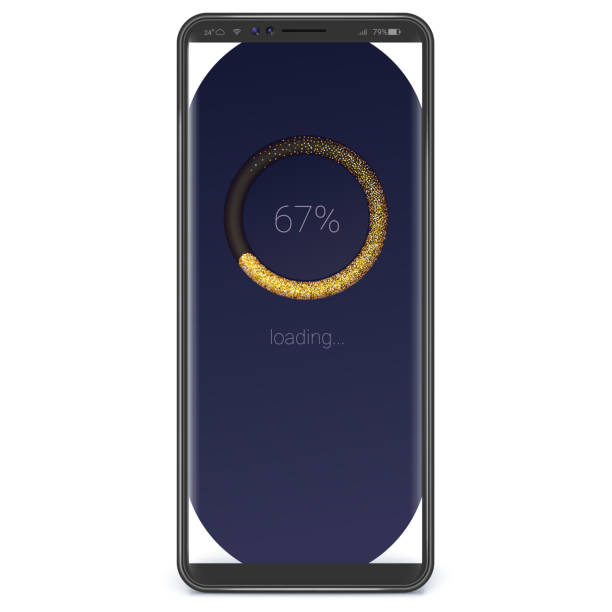 istock Realistic smart phone with load or download bar on screen. Black background, night version gold gradient. Vector template for smartphone X sizes. 1234283215