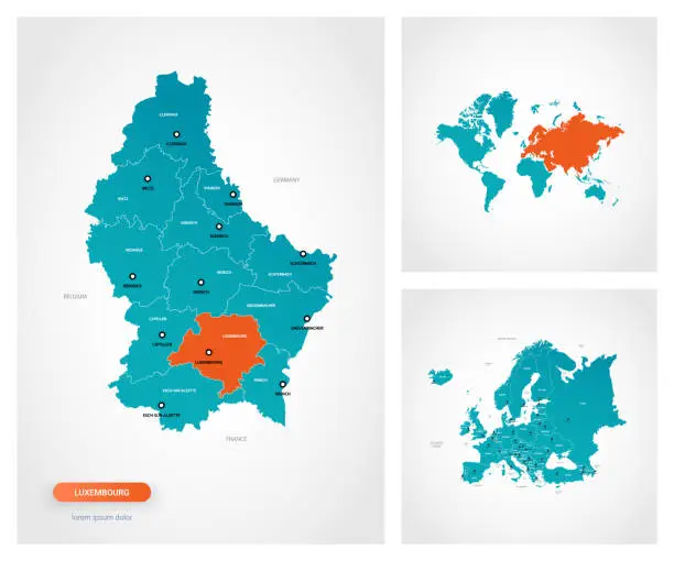 Vector illustration of Editable template of map of Luxembourg with marks. Luxembourg on world map and on Europe map.