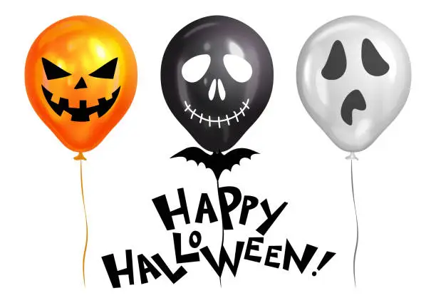 Vector illustration of Halloween Balloons. Ghost, Pumpkin, Skeleton and Bat. Scary air balloons. Holidays, decoration and party concept balloons for halloween over white background. Vector illustration. EPS10.