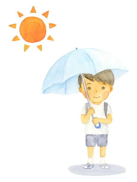 Vector illustration of Watercolor illustration of a boy holding a parasol.