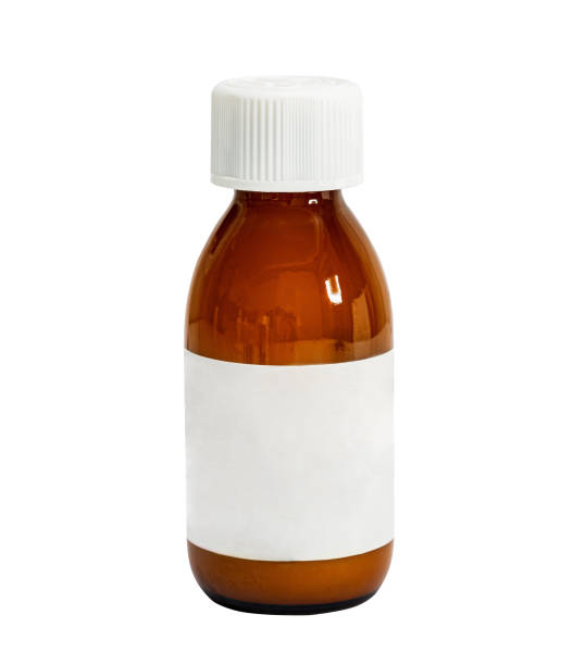 istock Glass bottle with medicine. White label. 1234433555