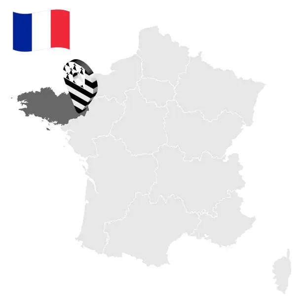 Vector illustration of Location of Brittany on map France. 3d location sign similar to the flag of Brittany. Quality map  with regions of  French Republic for your design. EPS10.
