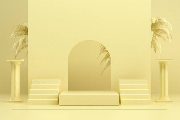 istock 3D Empty Product Stand, Platform with Palm Trees, Yellow Background 1234457300