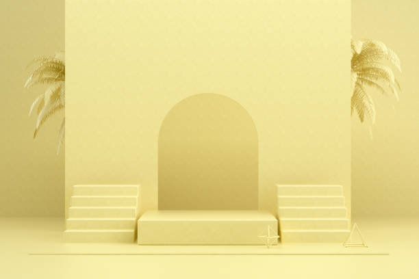 istock 3D Empty Product Stand, Platform with Palm Trees, Yellow Background 1234457805