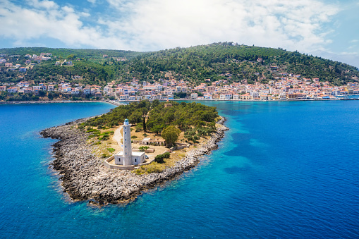Aerial view to the lighthouse and picturesque town of Gythio, south Peloponnese, Greece, with turquoise sea and sunshine