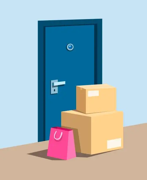 Vector illustration of Package parcel and shopping bag in front door, symbol for online shopping delivery and awareness from package theft concept in cartoon illustration vector