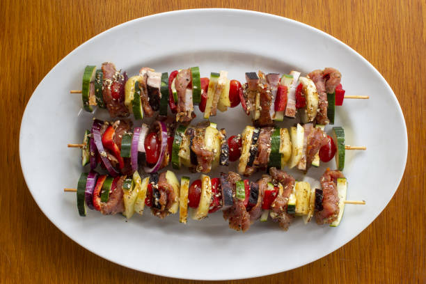 istock Skewer before grilling on a plate on wooden table 1234500767