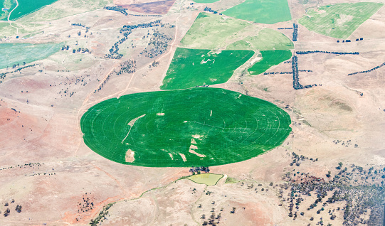 The island of Tasmania and its green farmer fields shaped like a green circle, Australia, seen from an airplane.