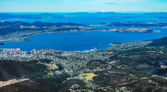 View from top of Mt.Wellington overlooking Hobart city, Tasmania island, Australia.