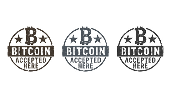 Bitcoin accepted here stamp icons in few color versions. Cryptocurrency mining, blockchain, cyber finance and virtual money payment concept 3D rendering illustration.