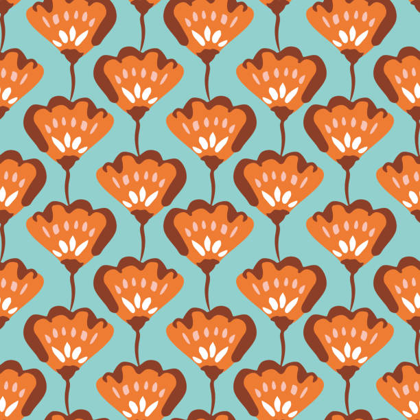 illustrations, cliparts, dessins animés et icônes de fleurs orange rétro sur aqua background vector seamless pattern - double tulip