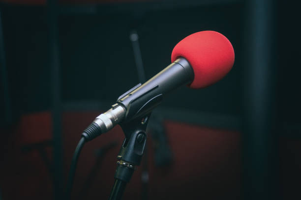 istock Microphone in the Studio on a stand on a dark background 1234592775
