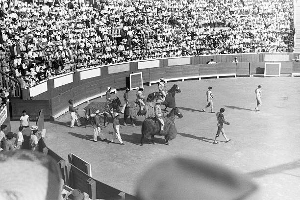 The pascillo or parade portion of a bullfight showing cuadrilla or entourage including matadors and picadors. Photographed in 1949. Scanned film with grain. Also