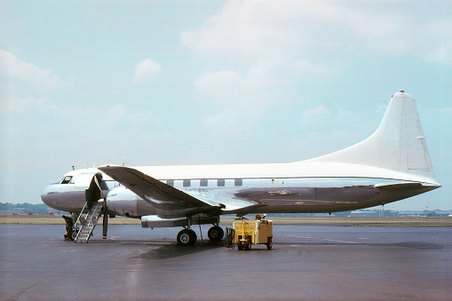 Convair CV-240 series airliner made about 1950 and photographed in 1965. Kodachrome scanned film with grain.