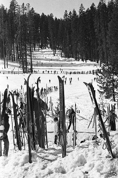 cross country skiing at Badger Pass, Yosemite 1950, retro Skiers at Badger Pass ski resort, Yosemite National Park, California, USA. 1950. Scanned film with grain. sierra nevada ski stock pictures, royalty-free photos & images
