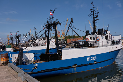 Liepaja,Latvia-August 20, 2019:Fishing boats in Liepaja Harbor, Liepaja, Latvia, Europe