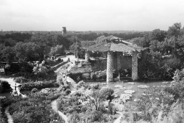 Japanese Tea Garden, Breckenridge Park, San Antonio, Texas, USA. Also known as Chinese Sunken Garden. Texas Civil Engineering Landmark, Registered Texas Historic Landmark, and National Register of Historic Places. Photo taken in 1949. Scanned film with significant grain.