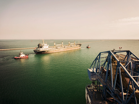 Aerial view Oil ship tanker carier oil from refinery on the sea.