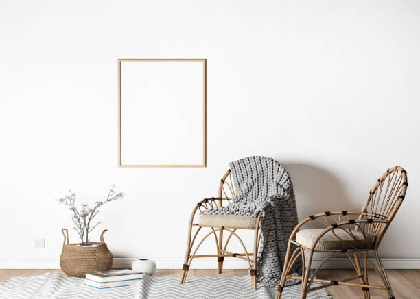 istock Mock up frame interior, Scandinavian style, wooden chairs in farmhouse style, 3d rendering 1234640108