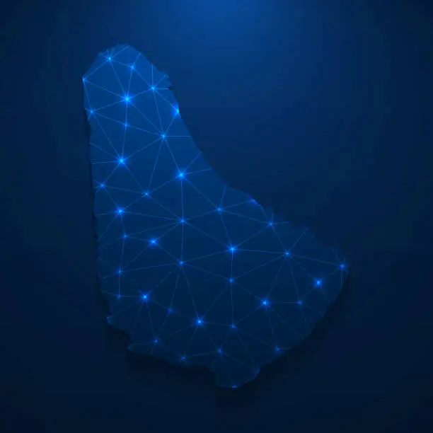 Vector illustration of Barbados map network - Bright mesh on dark blue background